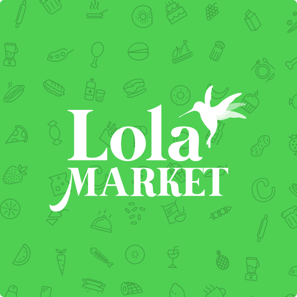Logo de Lola Market sobre un fondo verde con iconos de comida